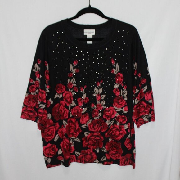 Rebecca Malone Woman Red and Tan Roses on a Black Crew Neck Sweater - Picture 6 of 14
